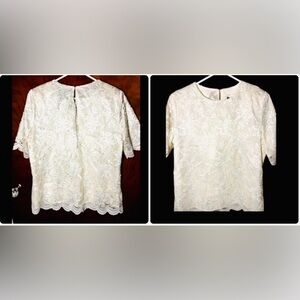 Vintage Erica Louis Ivory Cream Floral Lace With Underliner Short Sleeve Blouse